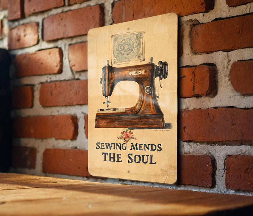 a sign on a brick wall that says sewing mends the soul