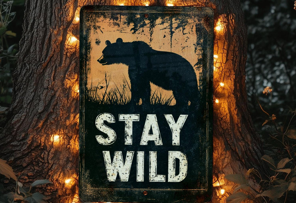 a sign that says stay wild in front of a tree
