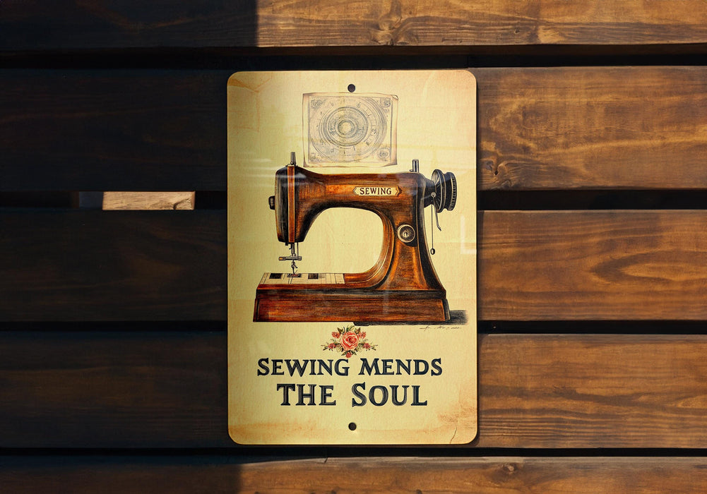 a sign that says sewing mends the soul