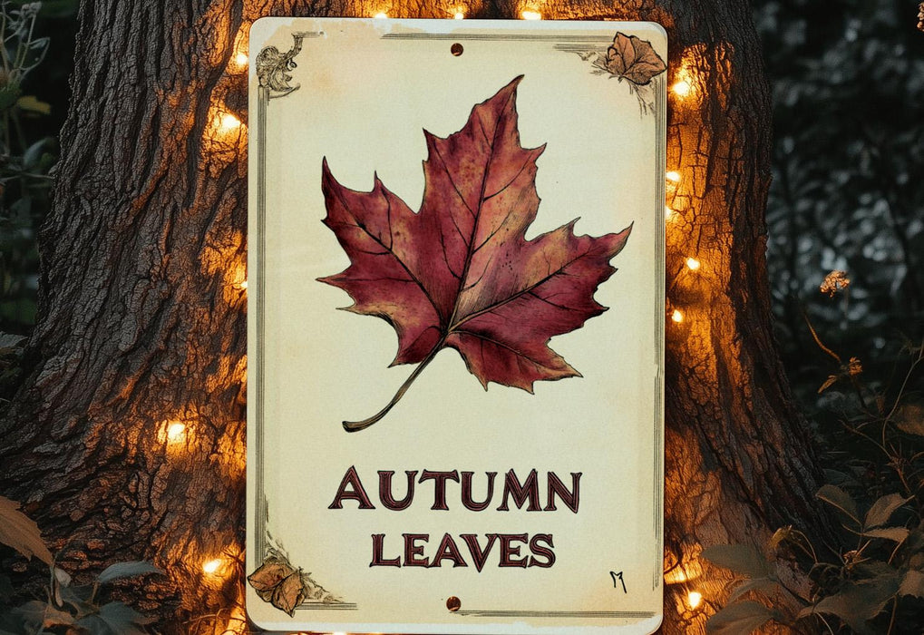 a sign with a leaf on it that says autumn leaves