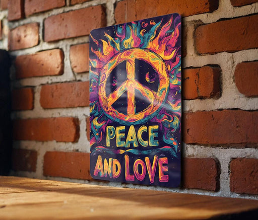 a peace and love sign on a brick wall