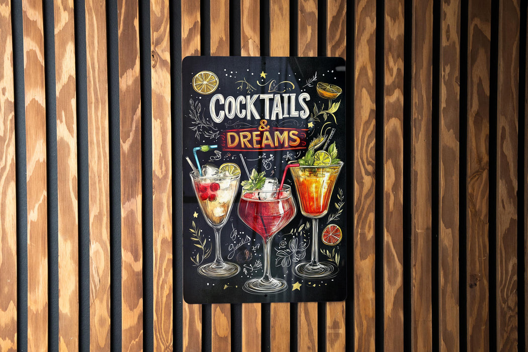 a sign advertising cocktails on a wooden wall