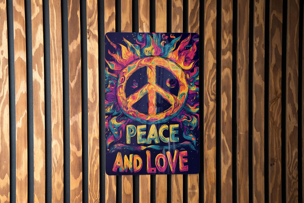 a peace and love sign on a wooden wall