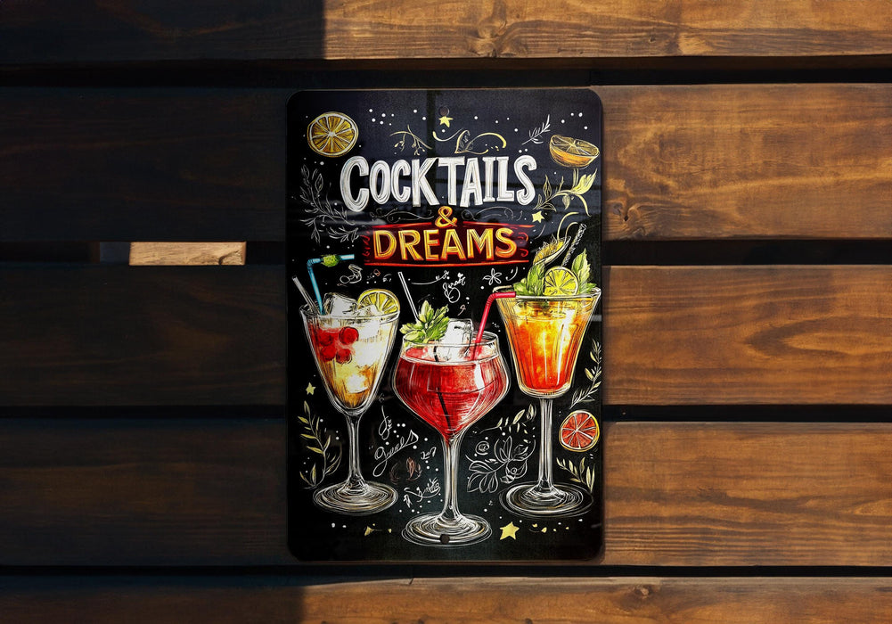 a sign advertising cocktails on a wooden bench