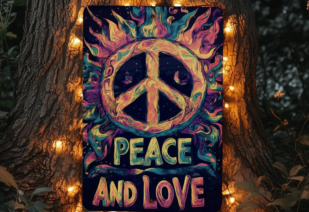 a peace and love sign hanging on a tree