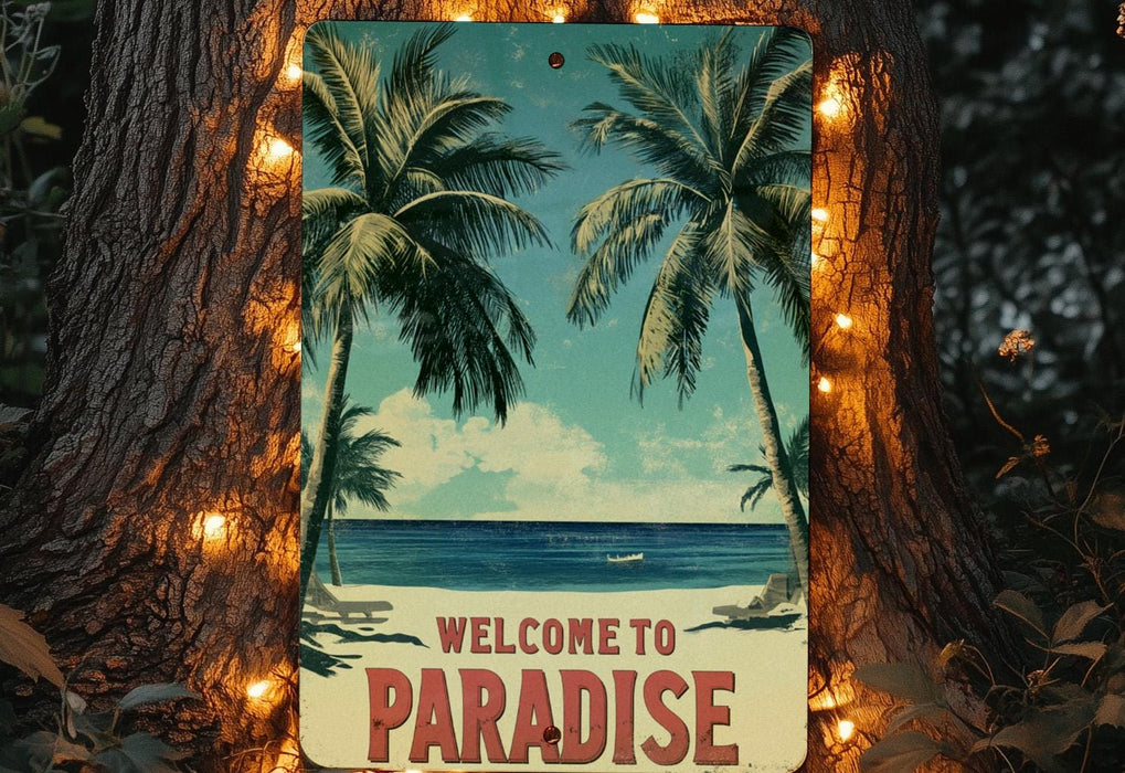 a welcome to paradise sign with lights around it