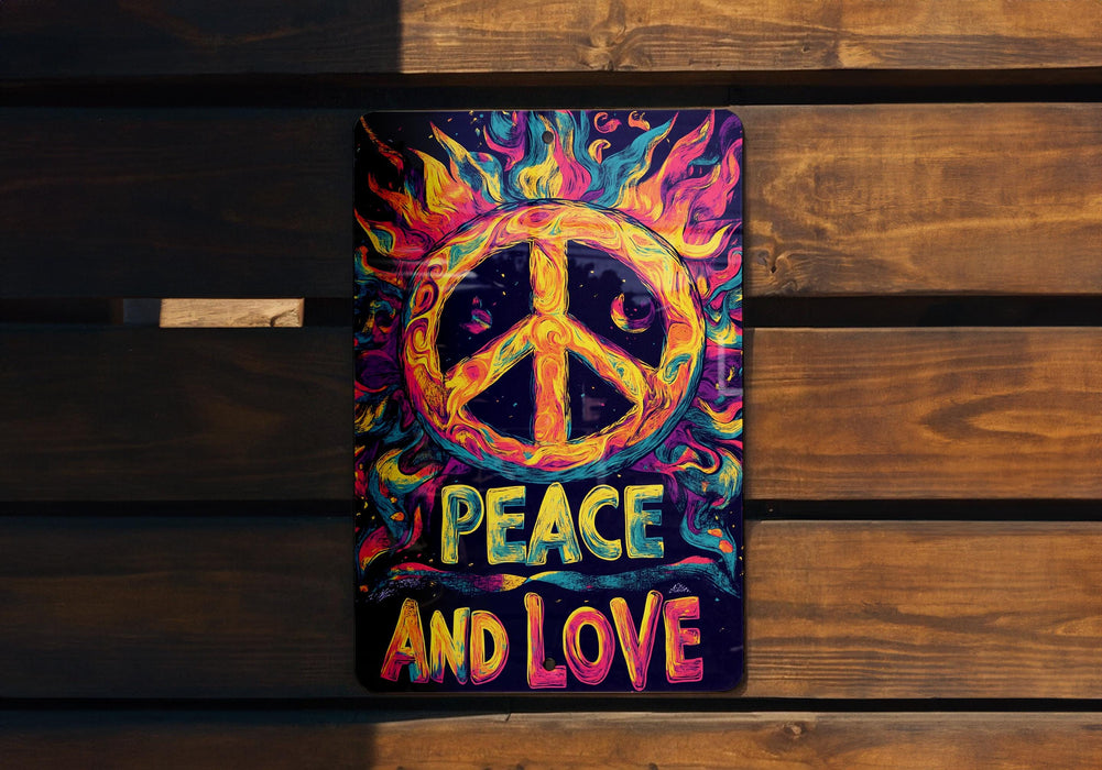a peace and love sign on a wooden bench
