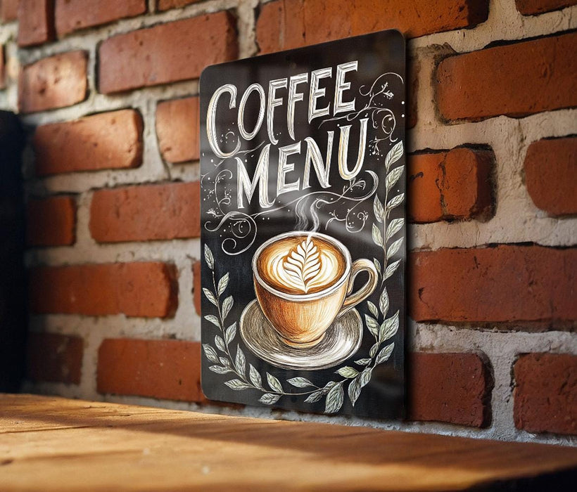 a sign on a brick wall that says coffee menu