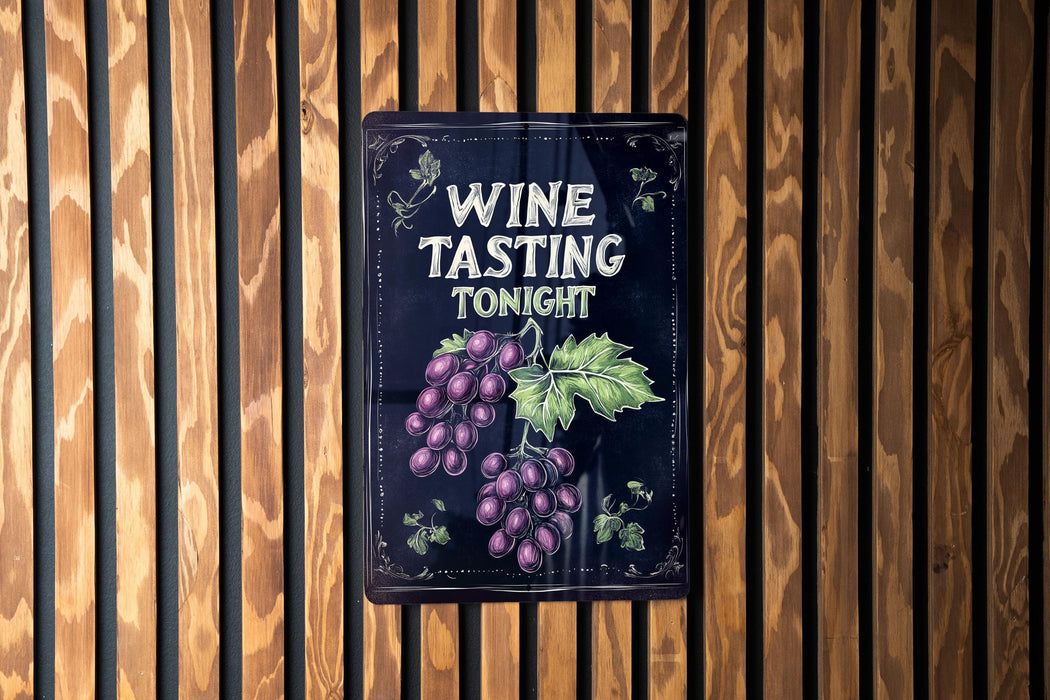 a wine tasting sign hanging on a wooden wall