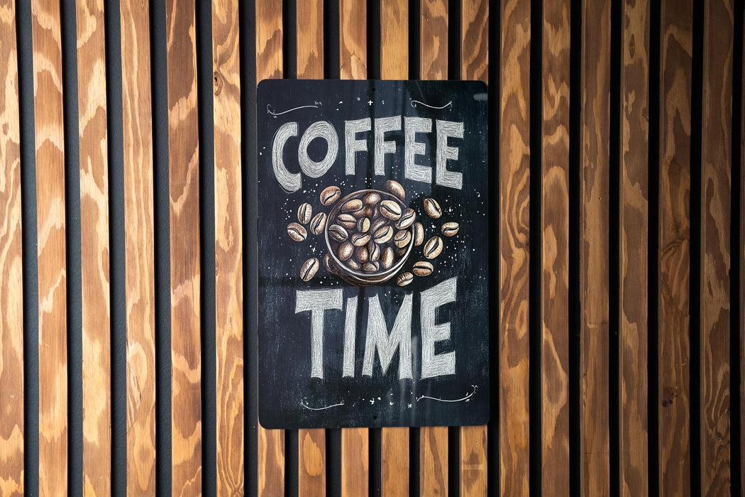 a coffee time sign on a wooden wall