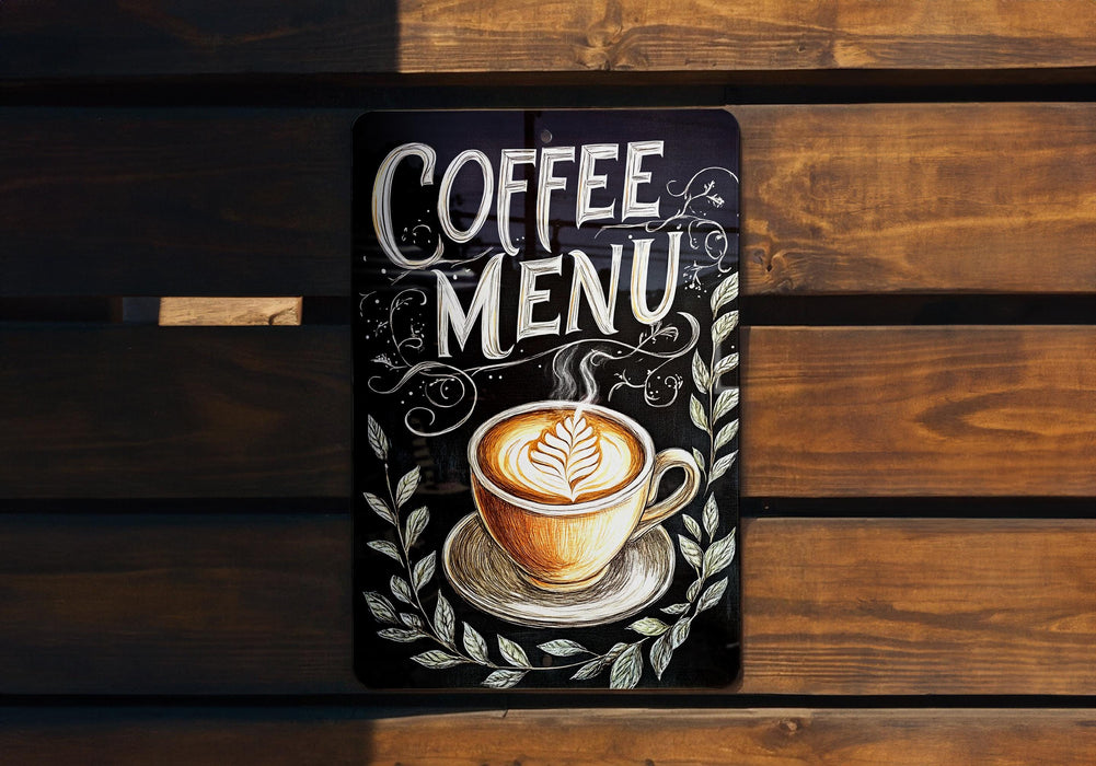 a sign on a wooden bench that says coffee menu