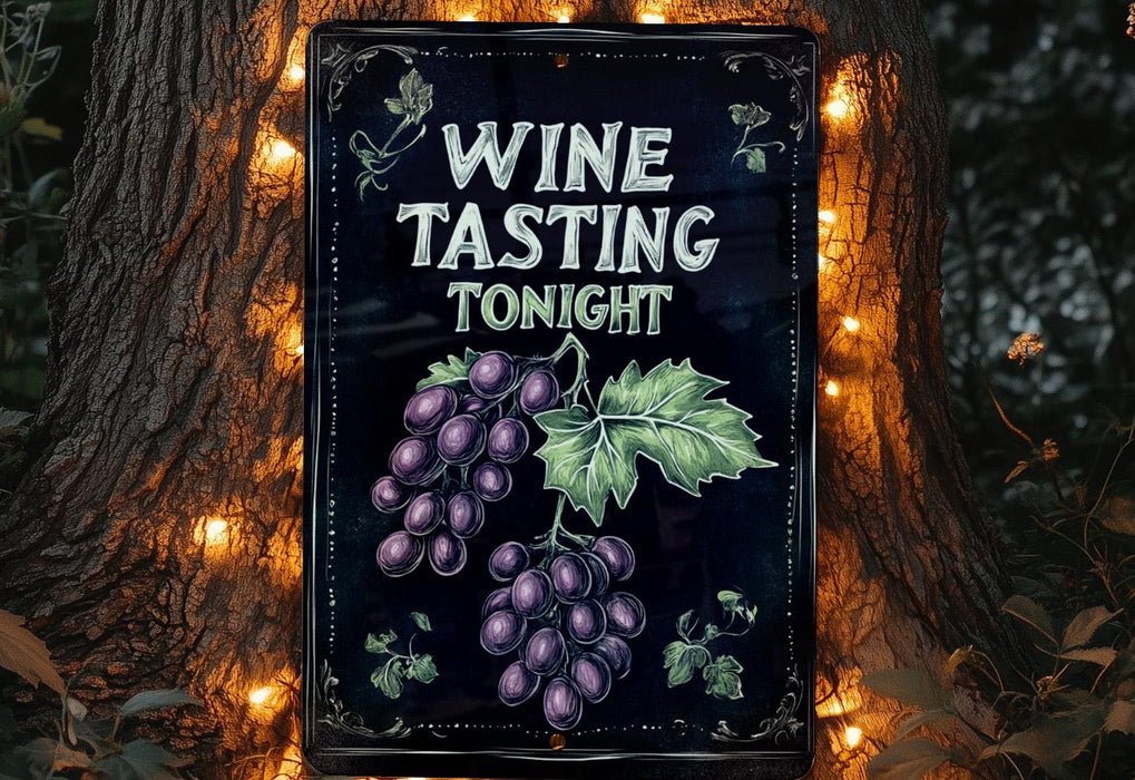 a wine tasting sign hanging on a tree