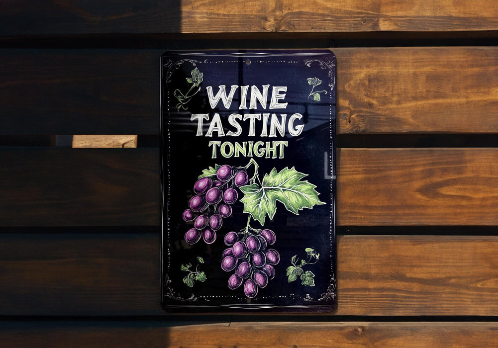 a wine tasting sign on a wooden bench