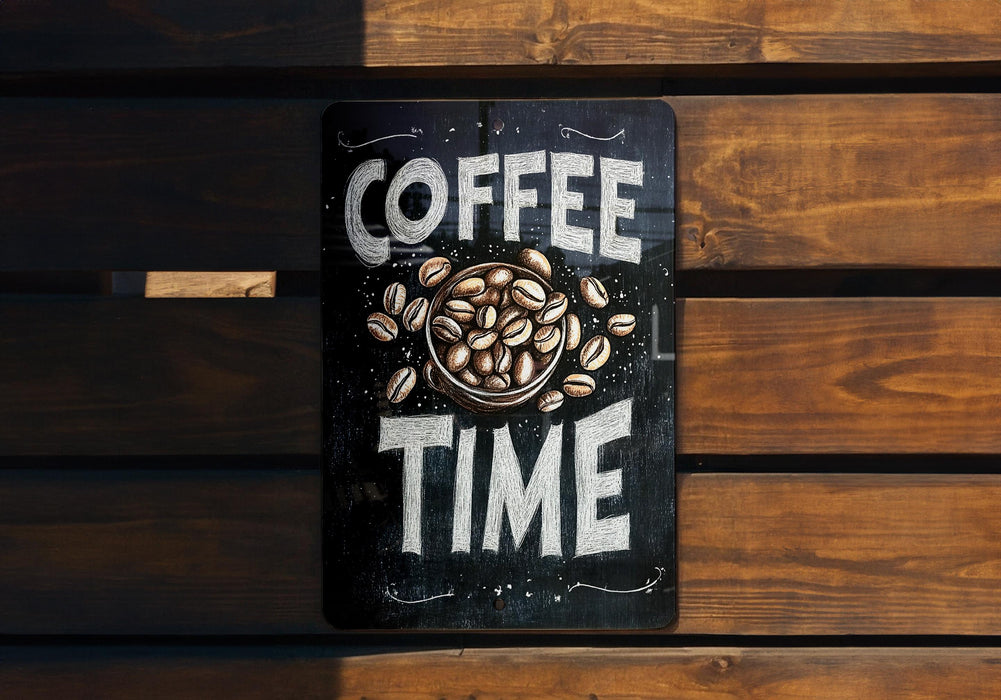 a coffee time sign on a wooden bench