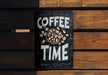 a coffee time sign on a wooden bench