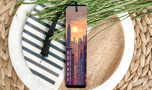 a bookmark with a picture of a city at sunset