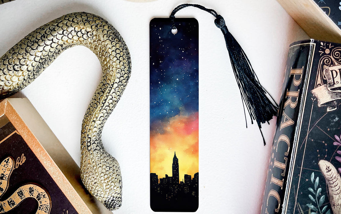 a bookmark with a picture of a city on it