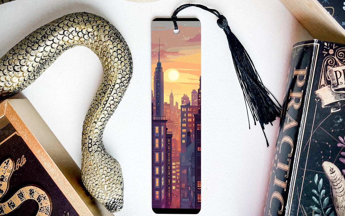 a bookmark with a picture of a city at sunset