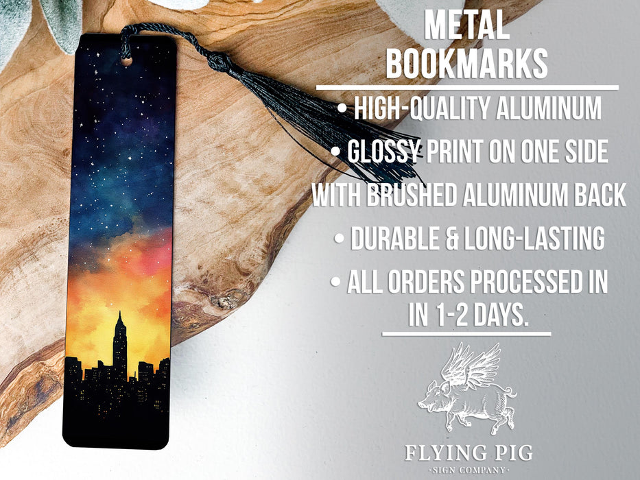 a bookmark with a picture of a city at sunset