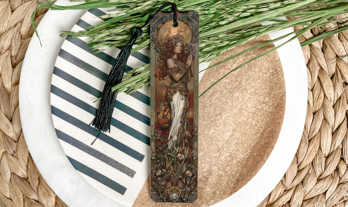 a picture of a woman on a bookmark on a plate