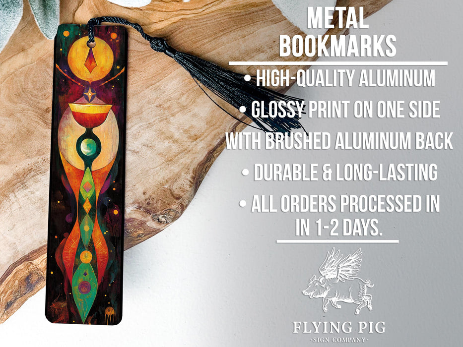 a metal bookmark with a colorful design on it