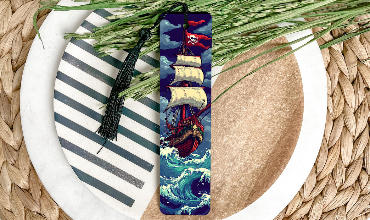 a bookmark with a picture of a pirate ship on it