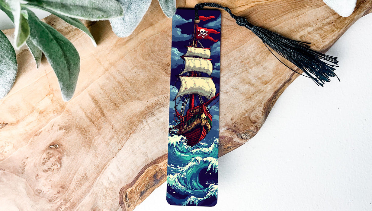a bookmark with a picture of a pirate ship on it