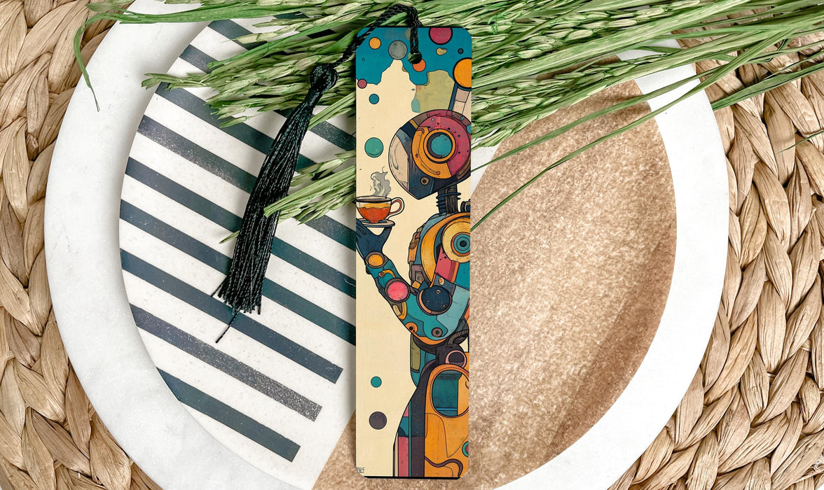 a wooden bookmark sitting on top of a white plate