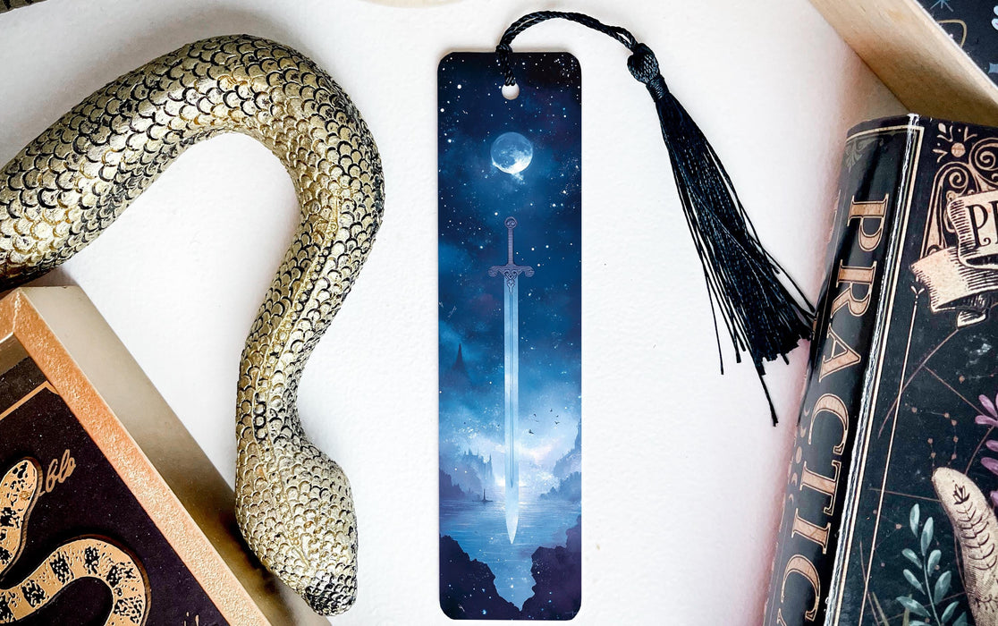 a bookmark with an image of a sword on it
