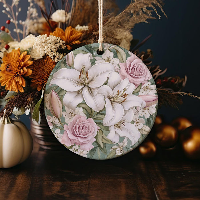 a ceramic ornament decorated with flowers and leaves