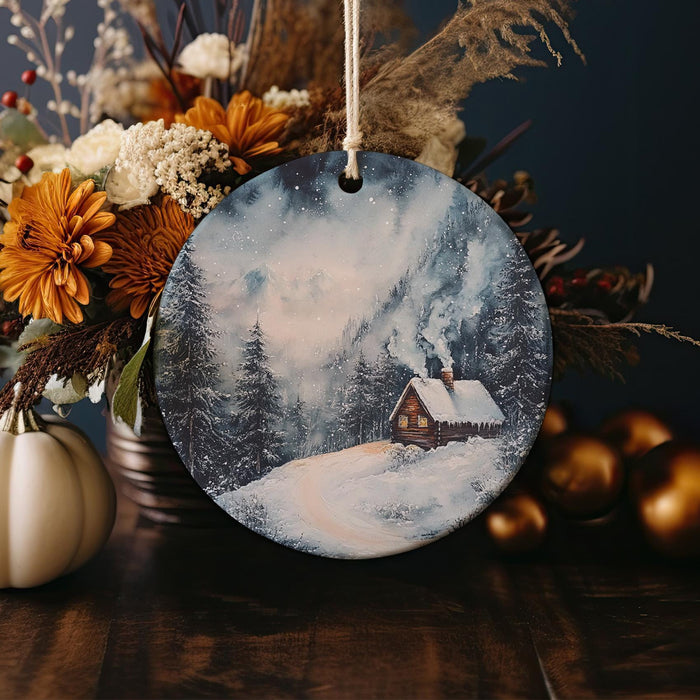 a christmas ornament with a picture of a house in the snow