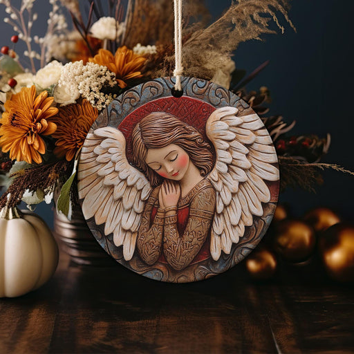 a wooden ornament with a picture of an angel on it