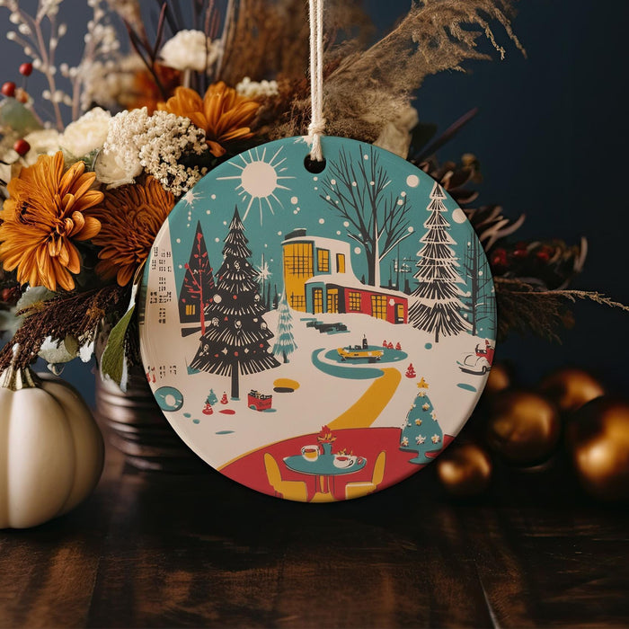 a ceramic ornament with a winter scene on it