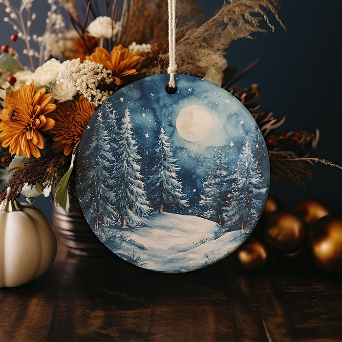 a christmas ornament with a snowy scene on it