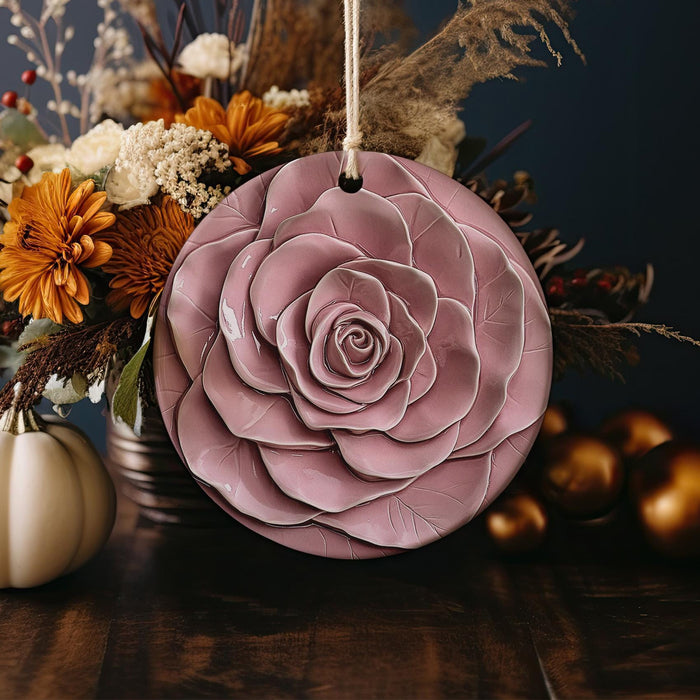 a pink flower hanging from a string next to a vase of flowers