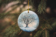 a glass ornament hanging from a christmas tree