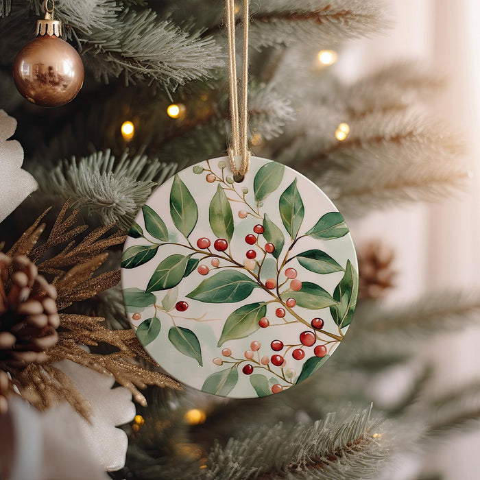 a ceramic ornament hanging from a christmas tree