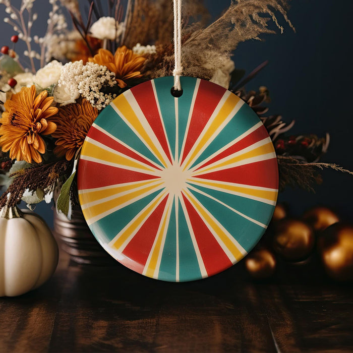 a colorful plate sitting on top of a wooden table