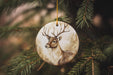 a christmas ornament hanging from a tree