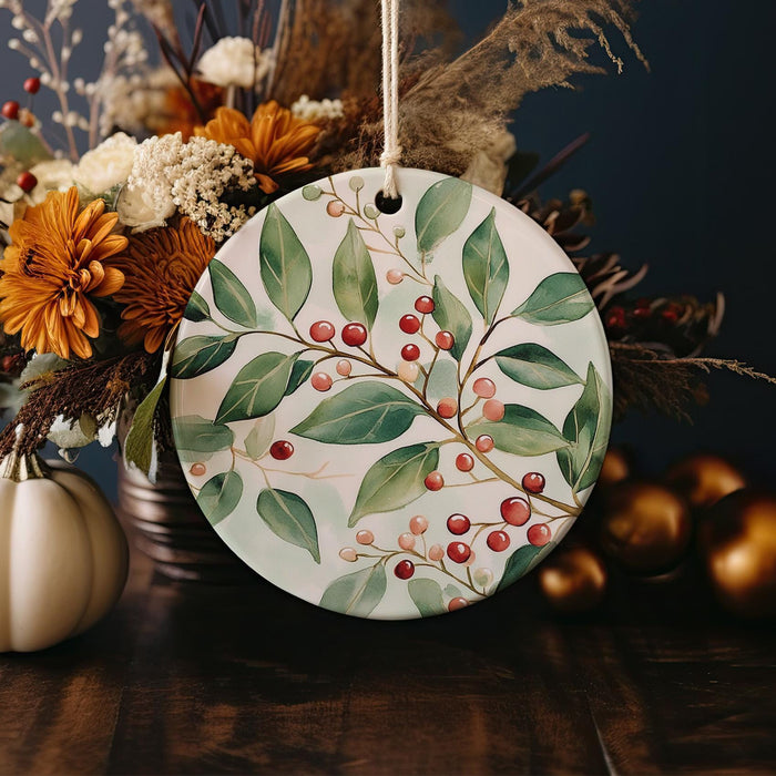 a ceramic ornament decorated with leaves and berries