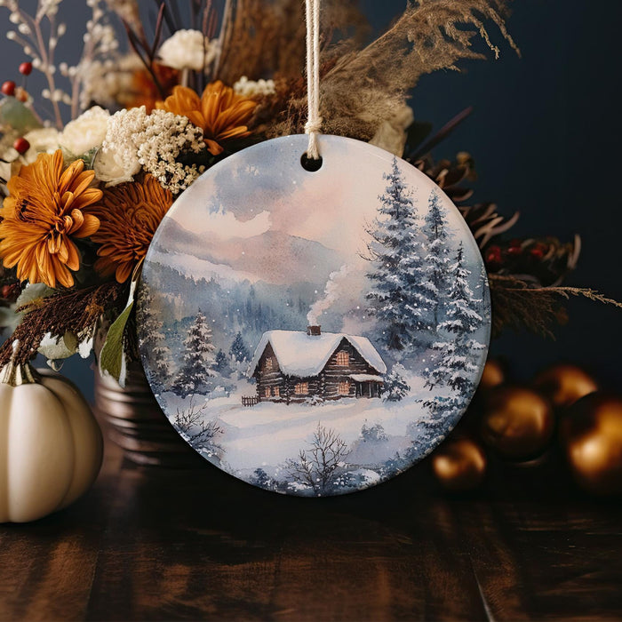 a christmas ornament with a picture of a cabin in the snow