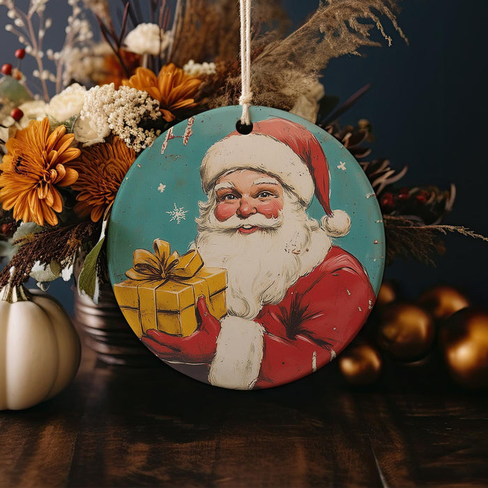 a christmas ornament with a santa clause holding a present