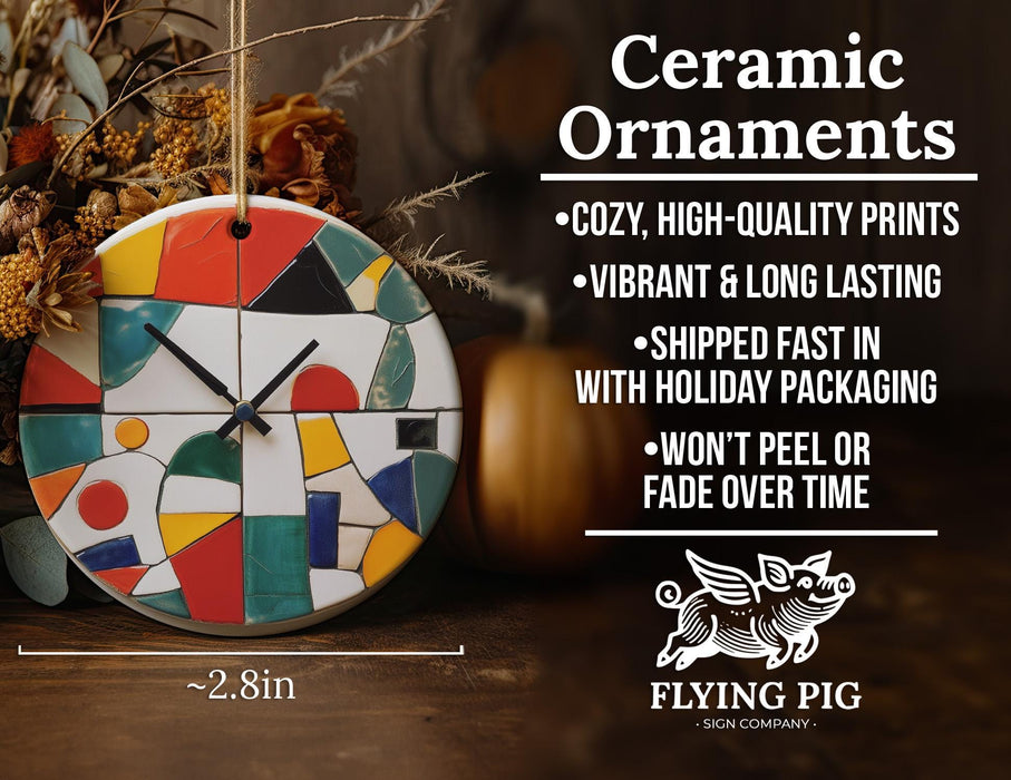 a colorful clock sitting on top of a wooden table