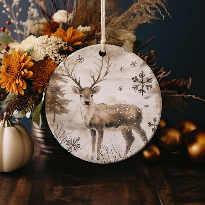 a ceramic ornament with a deer and snowflakes on it