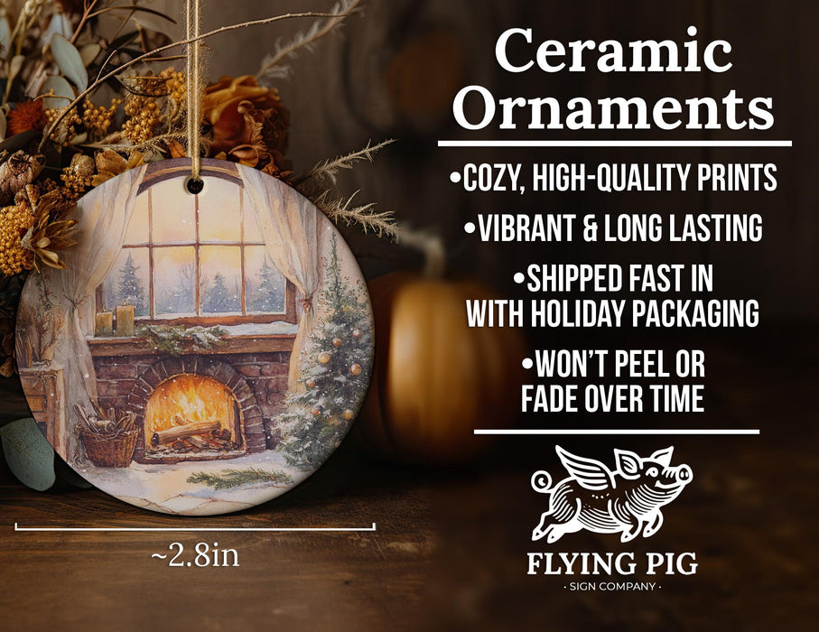 a ceramic ornament with a fireplace in the background