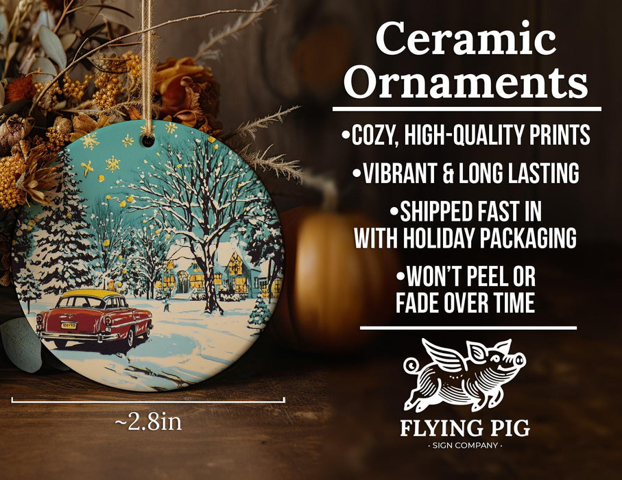 a ceramic ornament with a snowy scene of a car