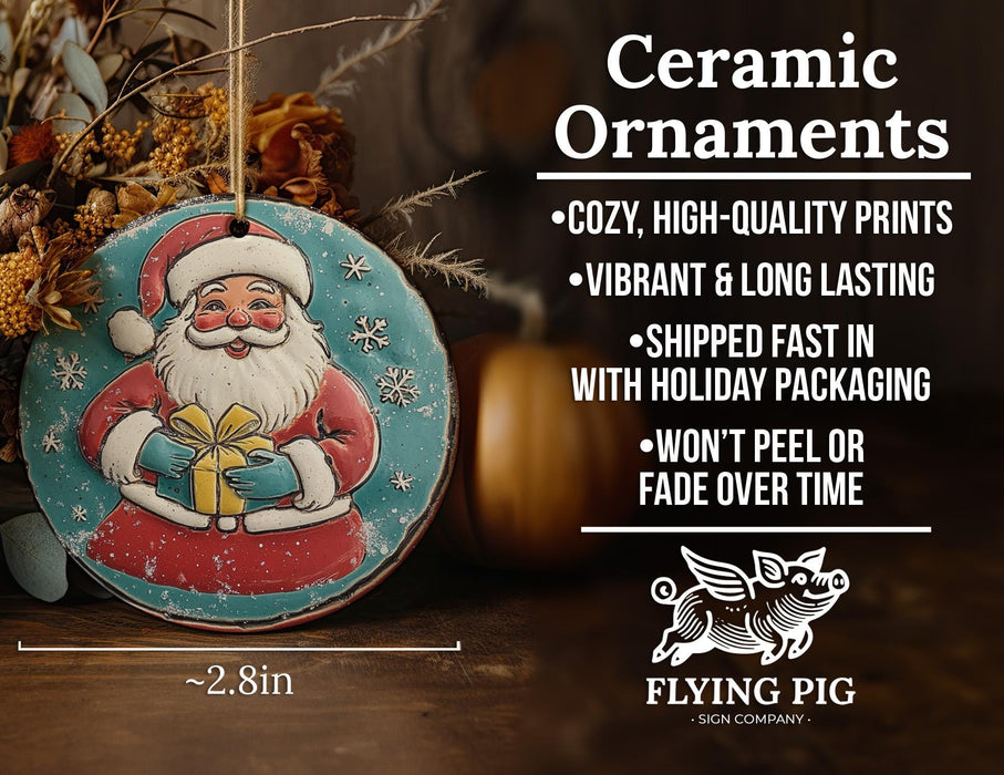 a ceramic ornament with a santa clause holding a present