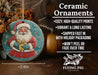 a ceramic ornament with a santa clause holding a present