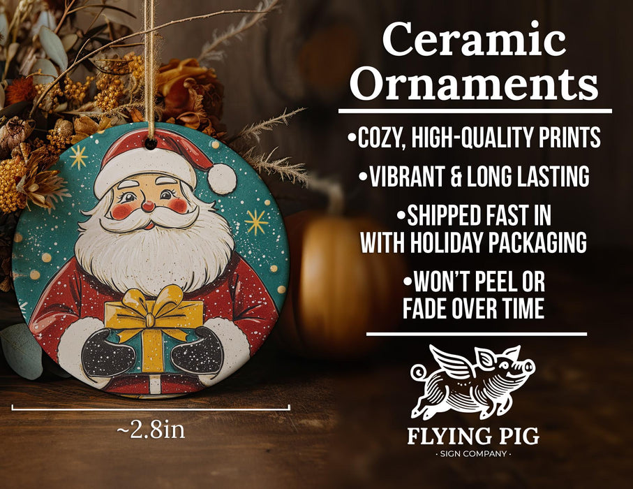 a ceramic ornament with a santa clause holding a present