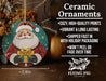 a ceramic ornament with a santa clause holding a present